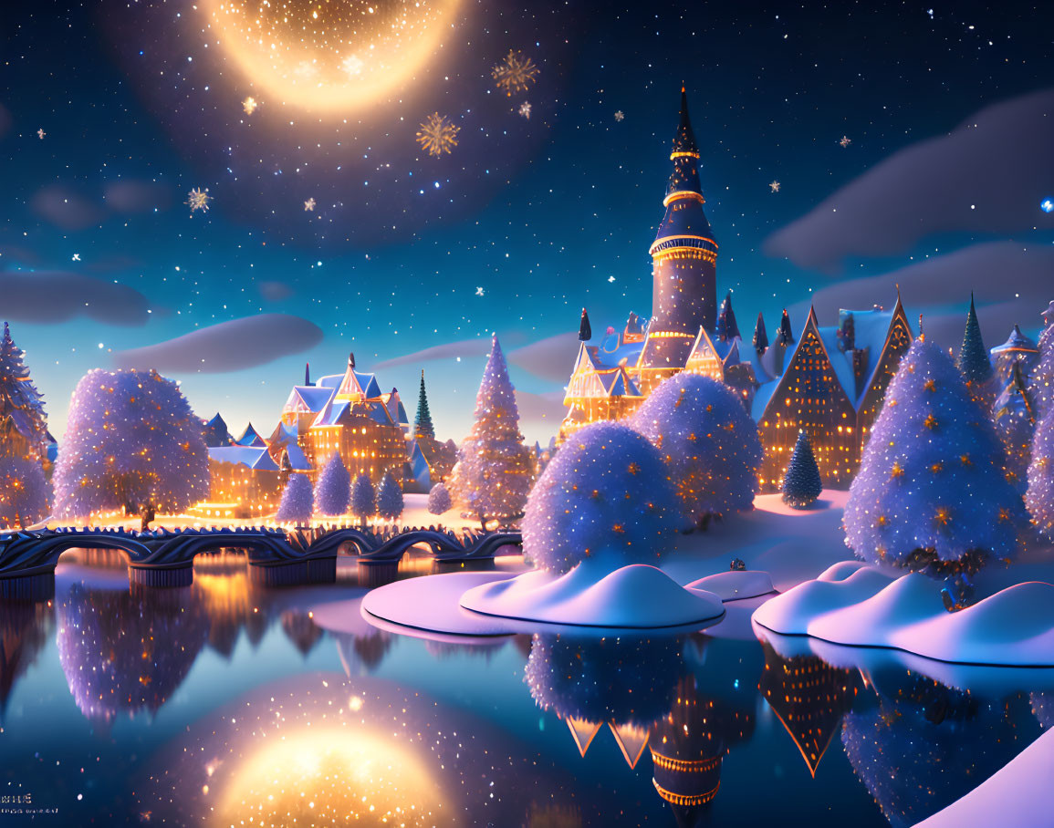 Snowy Night Village: Crescent Moon, Castle, and Icy River