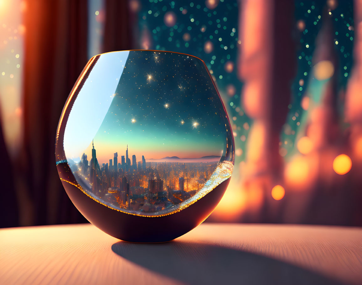 Crystal ball reflecting city skyline at night on wooden surface