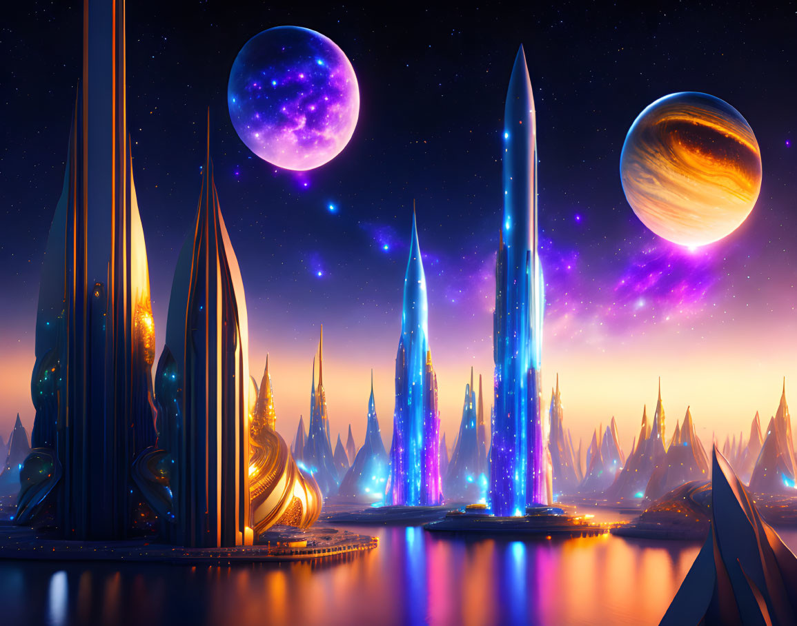 Futuristic cityscape at night with illuminated spires and celestial bodies