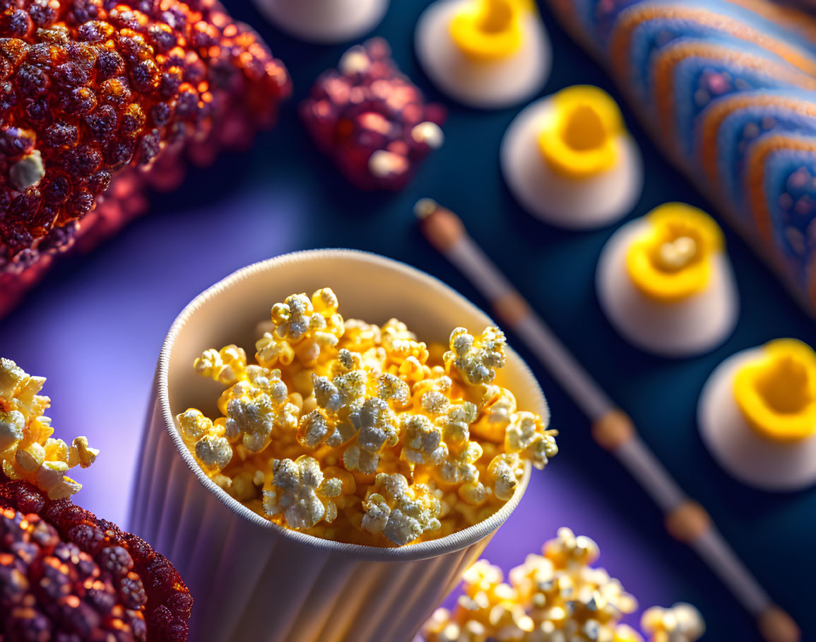 Popcorn-filled cup on purple background with skewered snacks and deviled eggs.