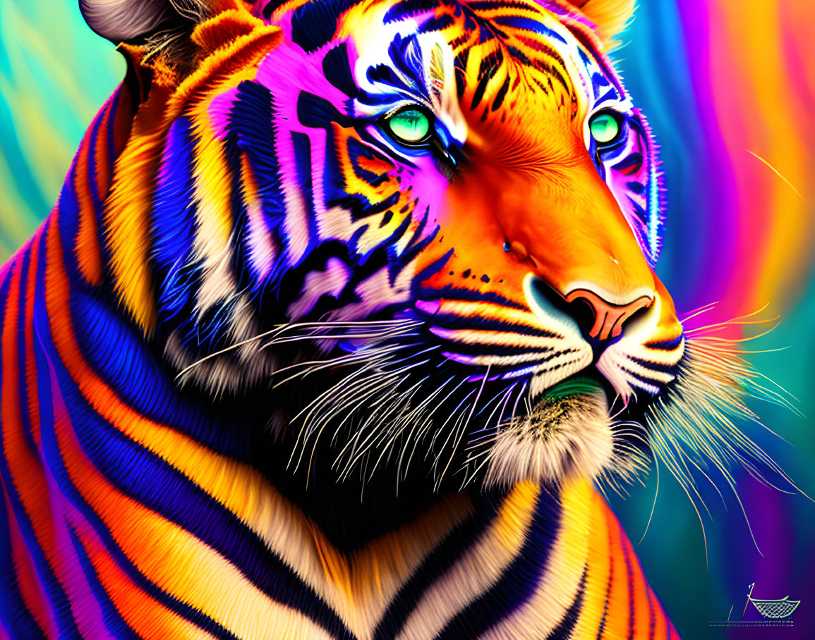 Colorful Tiger Artwork with Intense Blue Eyes