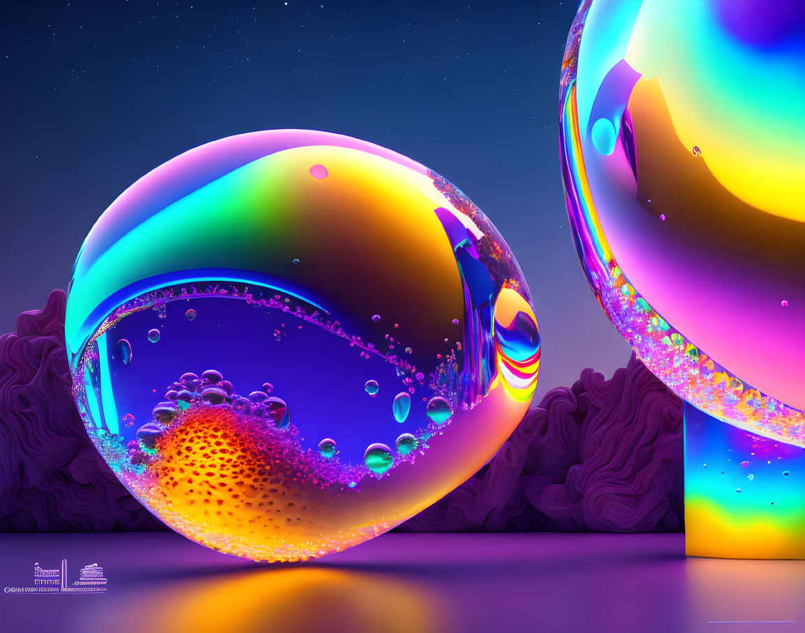 Iridescent Soap Bubbles Art Against Twilight Sky