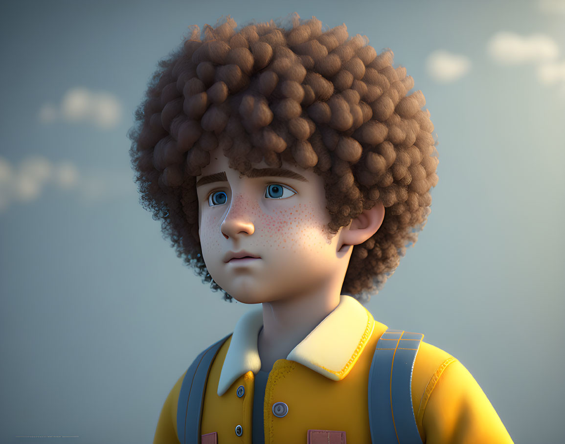 Young boy with curly afro and freckles in 3D render with yellow shirt and  backpack | Deep Dream Generator