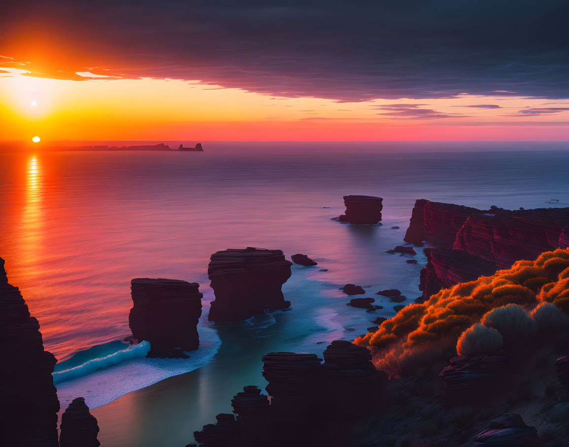 Colorful sunset over ocean with rock formations and coastal cliffs.