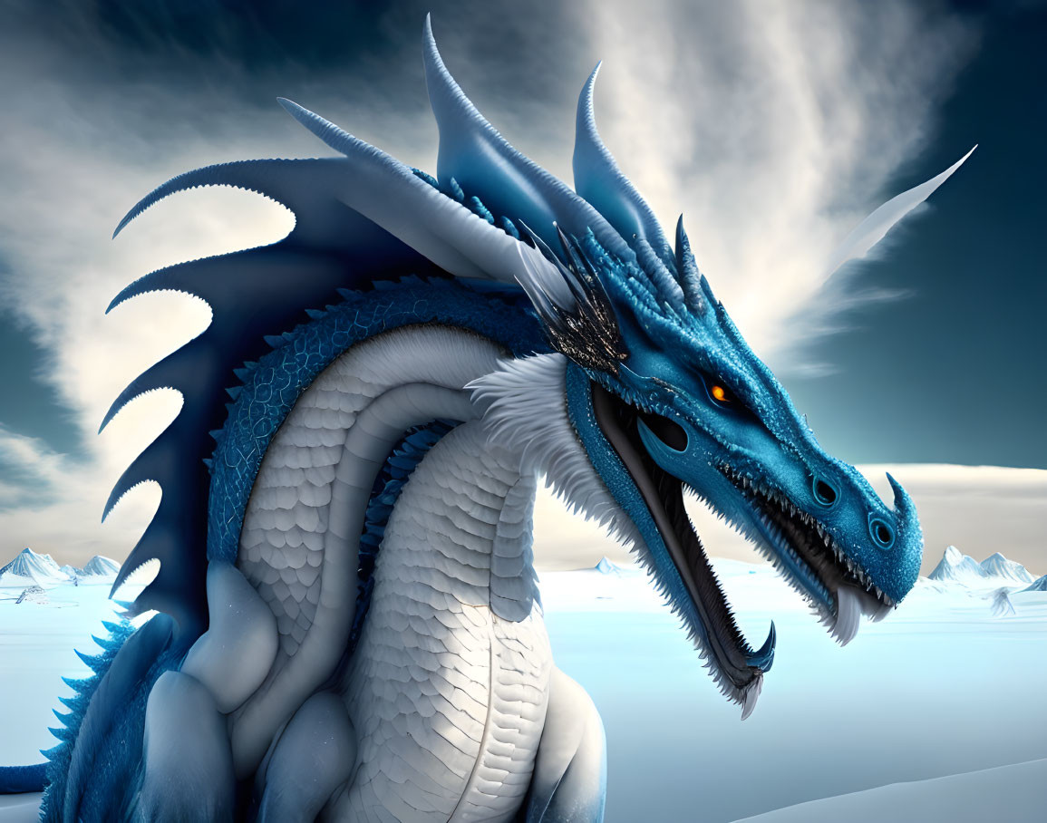 Blue dragon with spikes and horns in icy mountain scenery