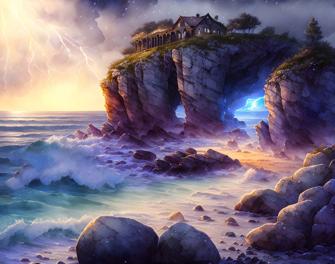 Stormy Coastal Scene: House on Stone Arches, Lightning, Crashing Waves