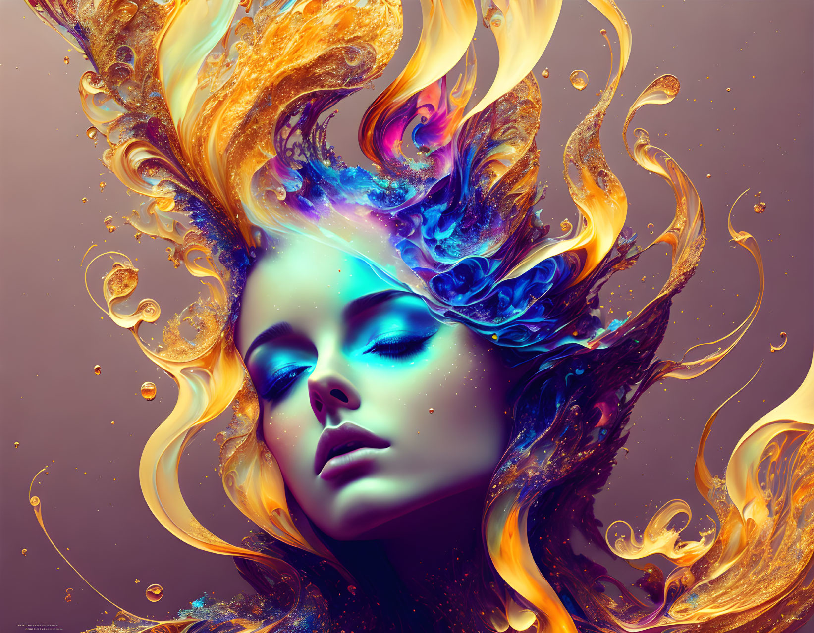 Vibrant surreal portrait of a woman with flowing blue and orange swirls