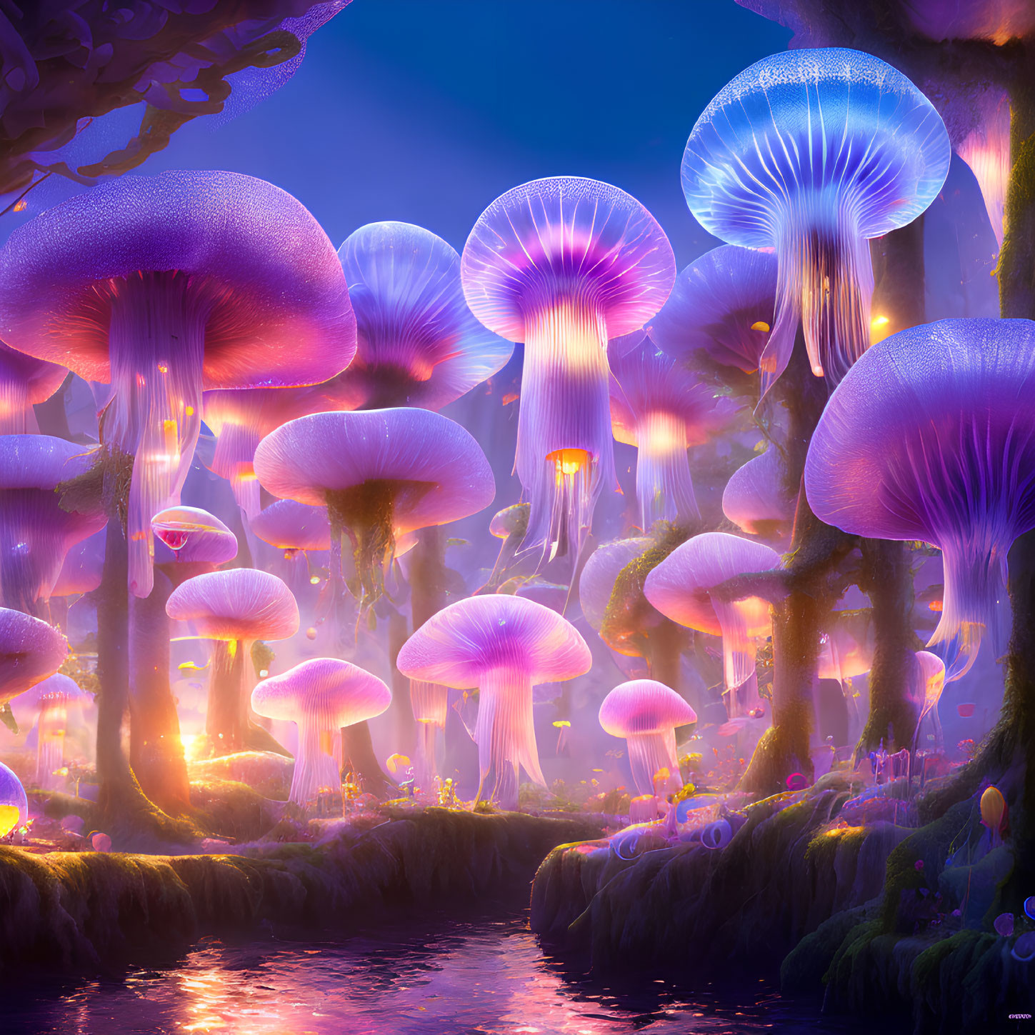 Fantasy forest with oversized luminescent mushrooms by tranquil river