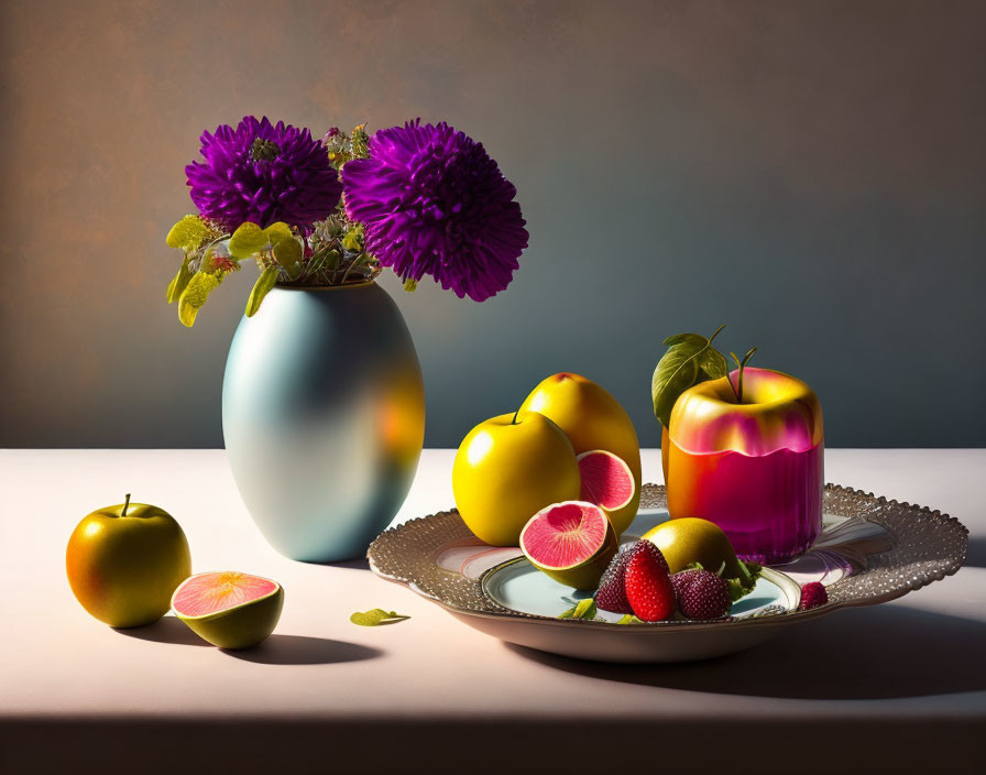 Colorful fruit and flowers on table with gradient backdrop