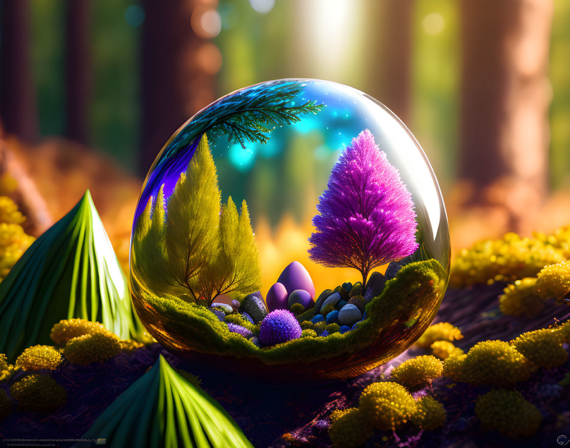 Colorful Miniature Forest Biome in Transparent Sphere surrounded by Yellow Flowers