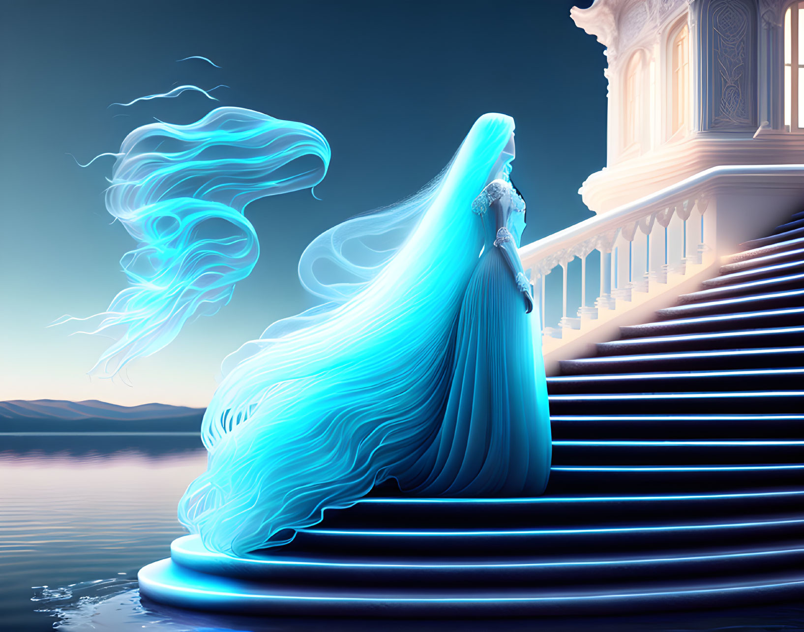 Woman in elegant blue gown on staircase by calm sea with ethereal blue wisps.