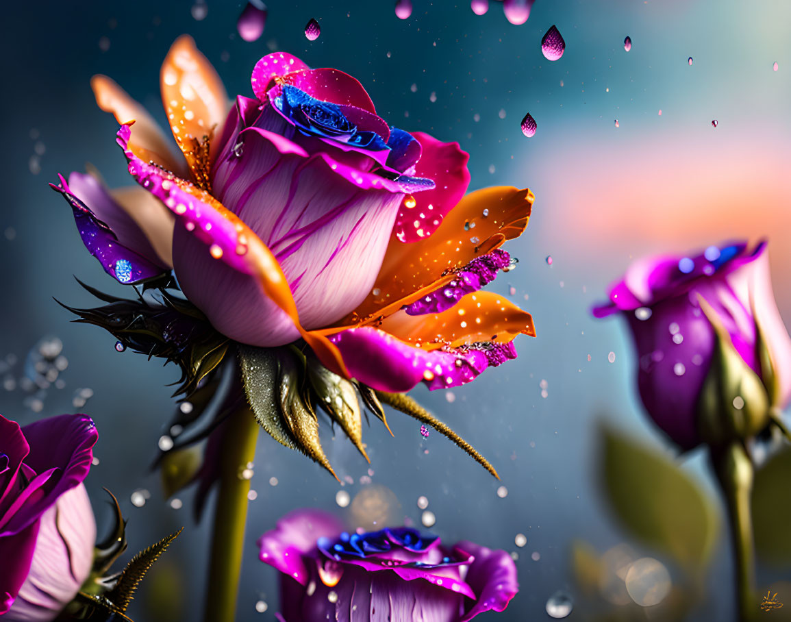 Colorful rose with dewdrops on blurred sunset background.