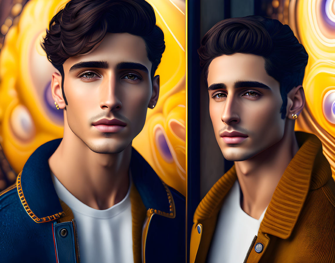 Stylized digital art: young man with dark hair, green eyes, yellow jacket, earring