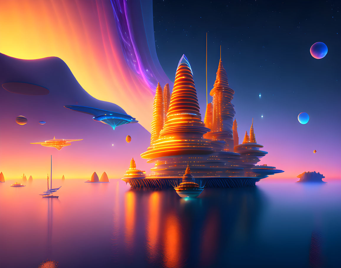 Sci-fi cityscape with glowing towers on water under alien sky.