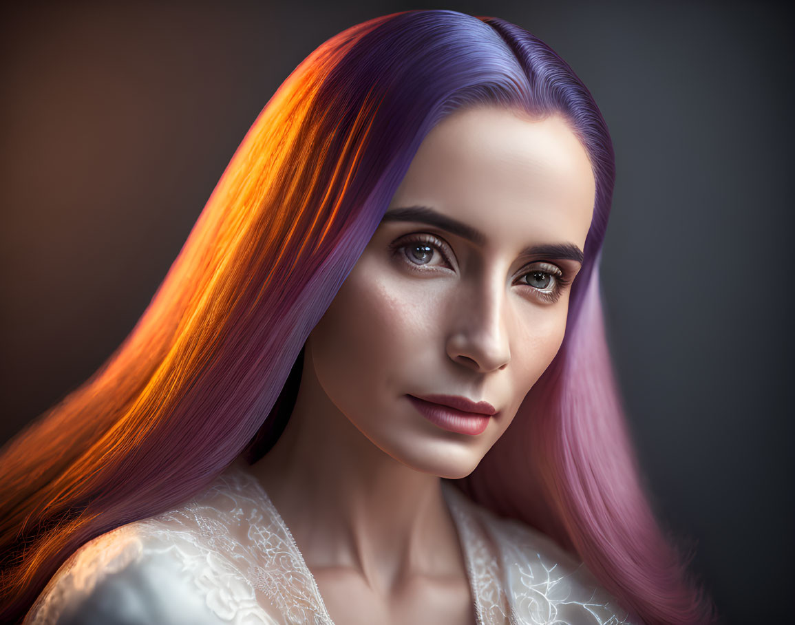 Portrait of Woman with Purple to Orange Gradient Hair and Thoughtful Expression