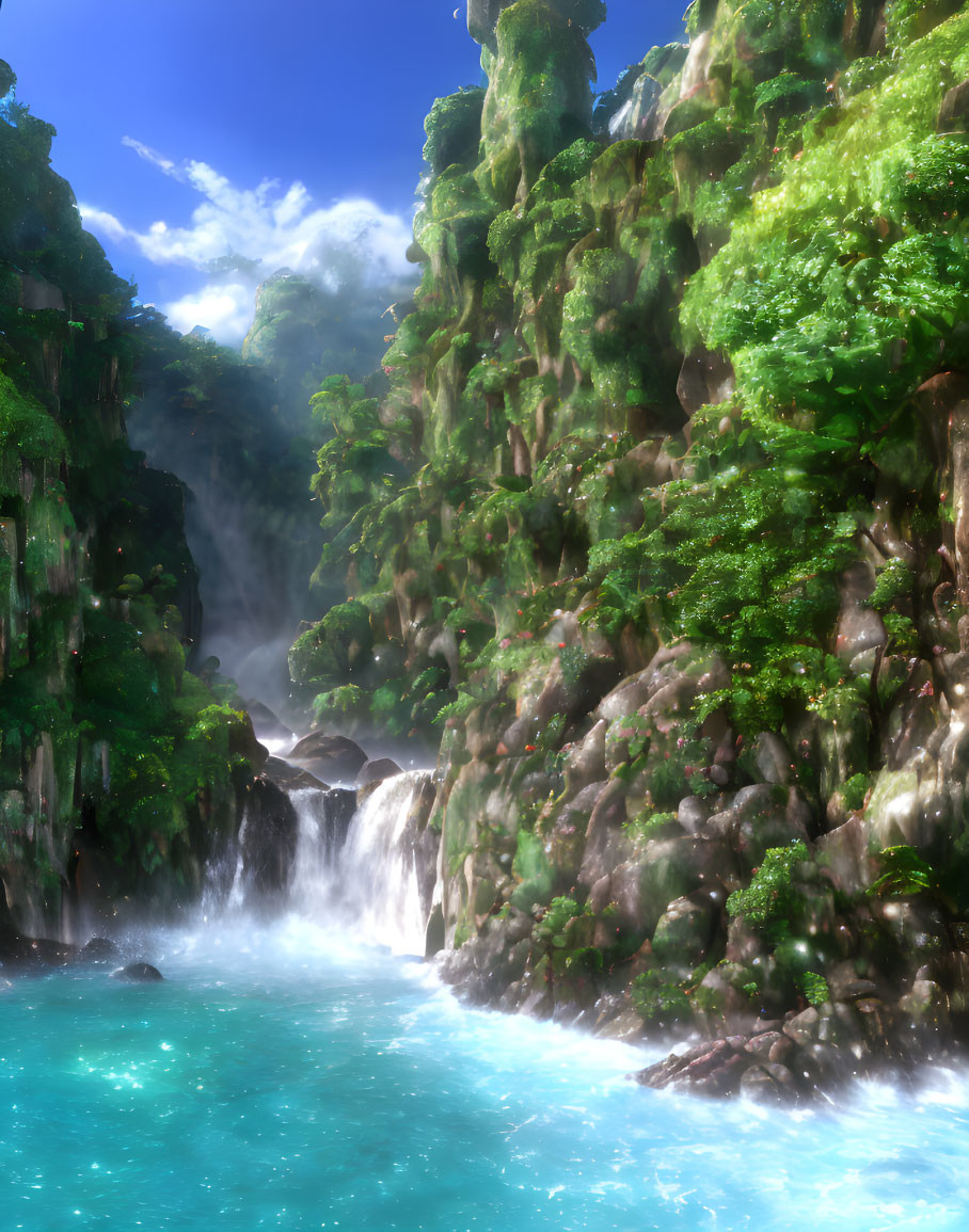 Verdant cliffs overlook waterfall into turquoise pool