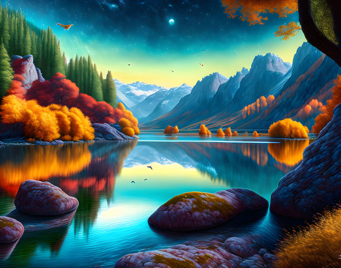 Tranquil autumn landscape with lake, mountains, and starry sky