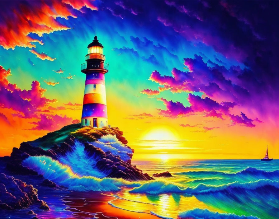 Colorful digital artwork of lighthouse on rocky outcrop at sunset