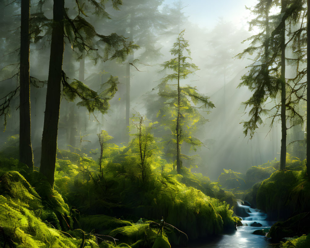 Sunbeams illuminate misty forest with moss-covered floor and tranquil stream