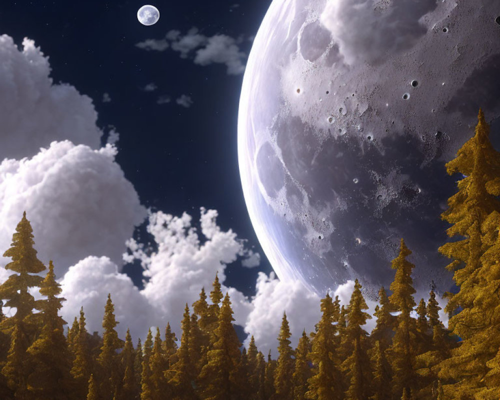 Surreal landscape with oversized moon, dense forest, and starry sky