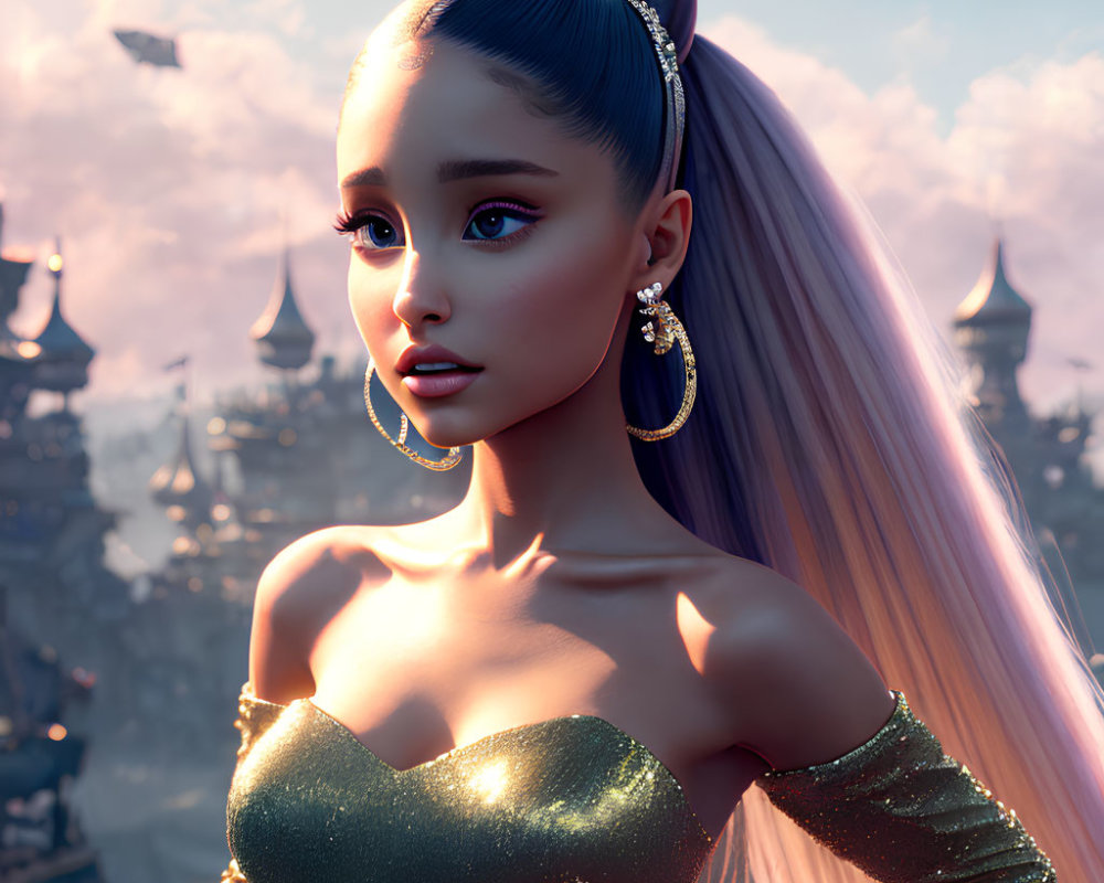 3D rendering of woman with pink hair in golden outfit, fantasy cityscape & airships