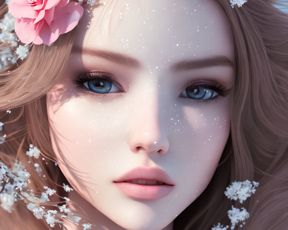 Close-up 3D illustration of woman with blue eyes, snowflakes, flowers, and pink