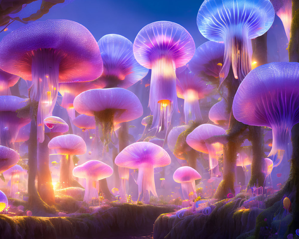 Fantasy forest with oversized luminescent mushrooms by tranquil river