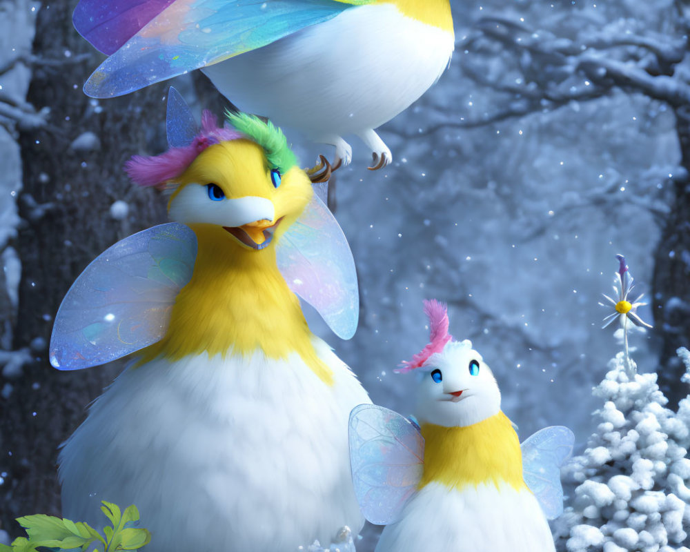 Colorful Bird-bodied Creatures in Enchanted Snowy Forest