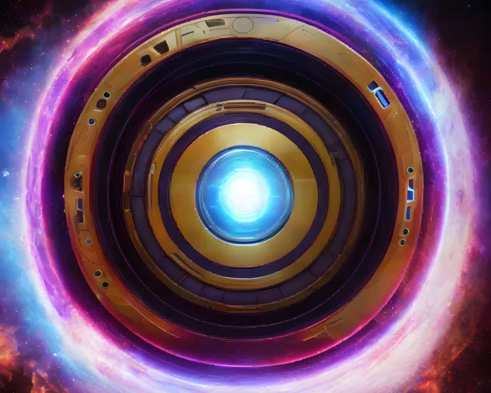 Sci-fi portal with glowing center and golden rings in cosmic nebula