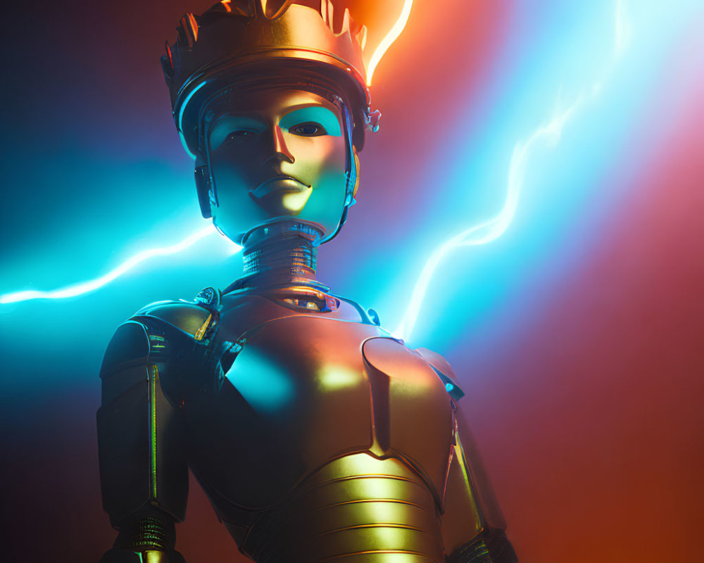 Robotic figure with crown in dramatic neon lights