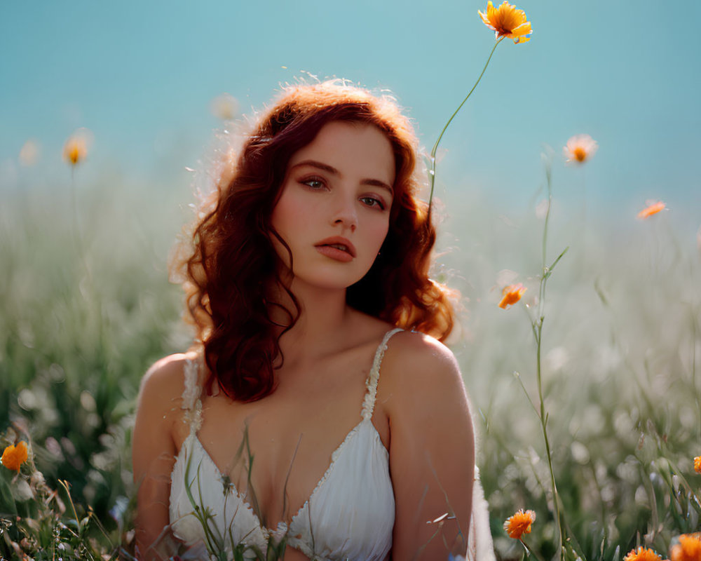 Red-haired woman in white dress holding yellow flower in field scenery