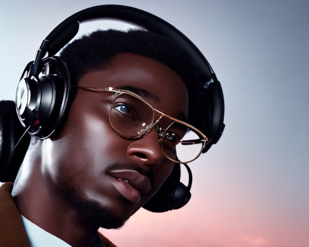 Young Man with Headphones and Glasses in Dusk Setting