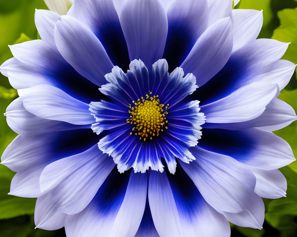 Symmetrical blue and white flower with yellow center on green background