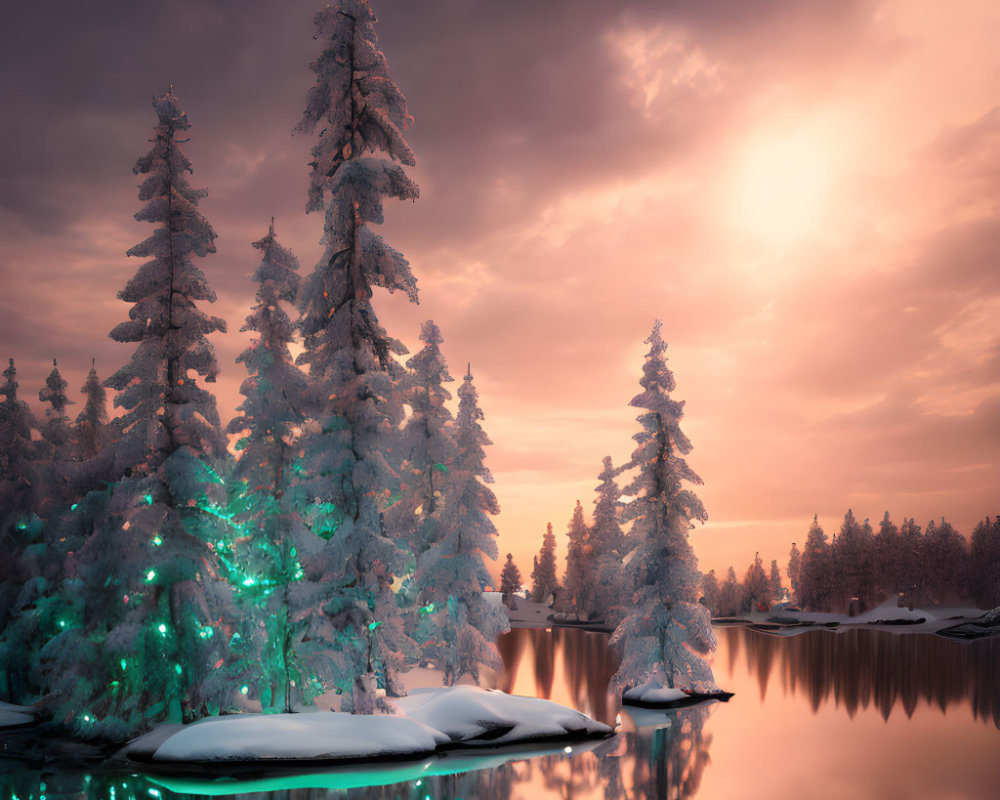 Tranquil winter scene: snow-covered fir trees by lake at dusk