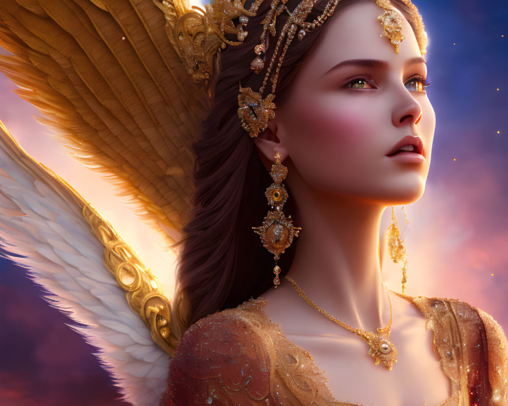 Digital artwork of angelic figure with white wings in ornate attire against twilight sky