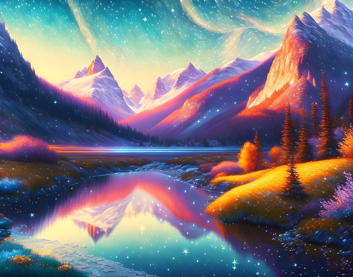 Digital Artwork: Mountain Landscape with Lake, Starry Sky, Aurora, and Golden Foliage