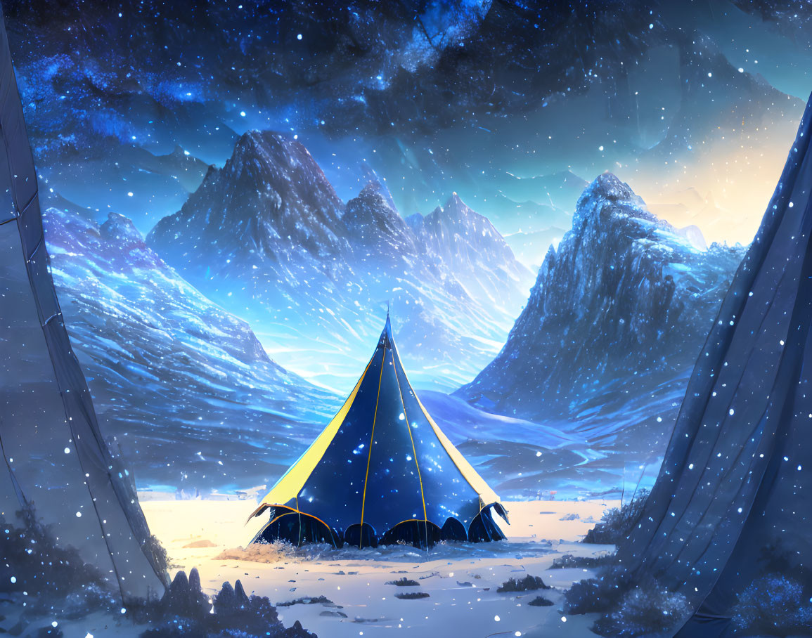 Blue and Yellow Tent in Snowy Night Landscape with Mountains