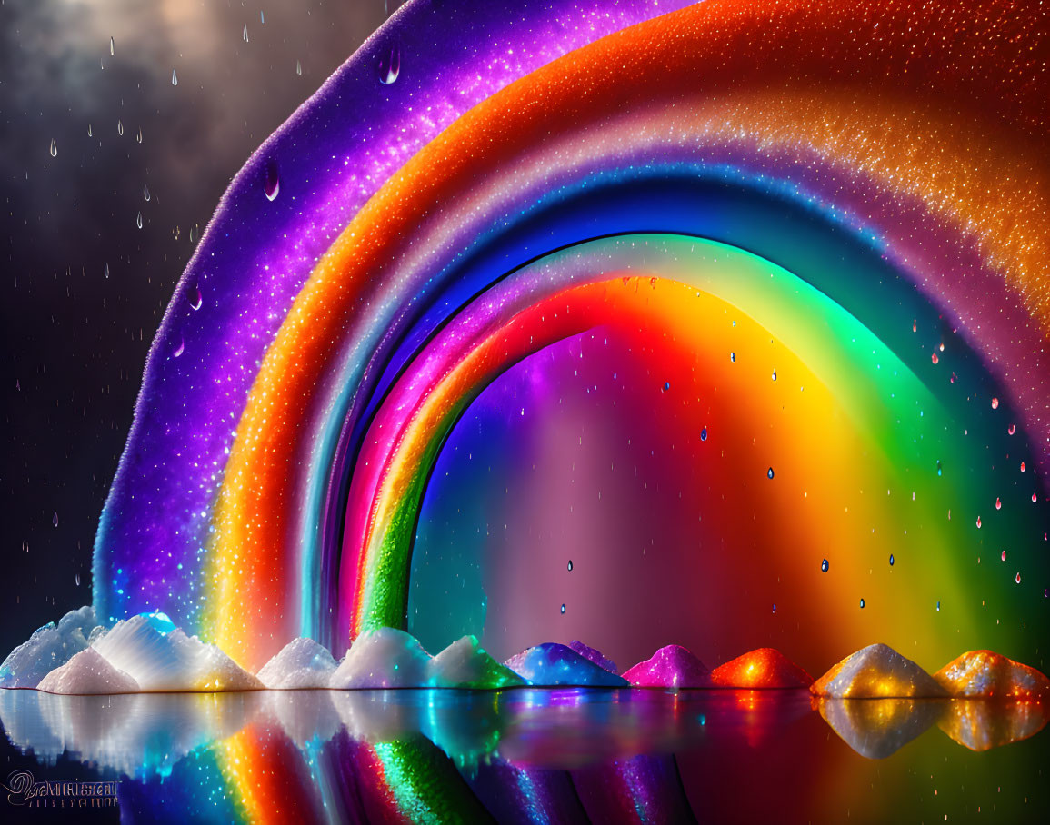 Colorful Rainbow Artwork with Glittery Effect Reflecting on Water