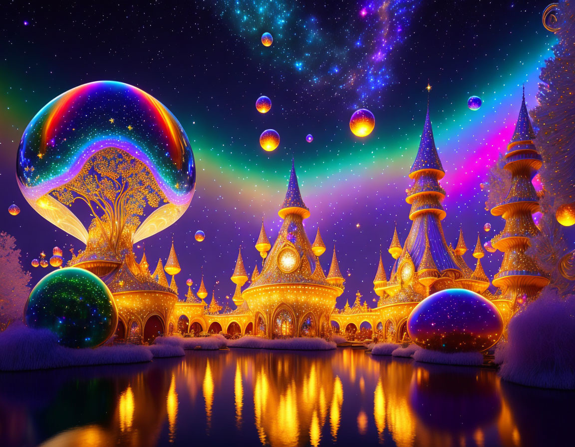 Fantasy landscape at night with illuminated mushroom structures and whimsical castles