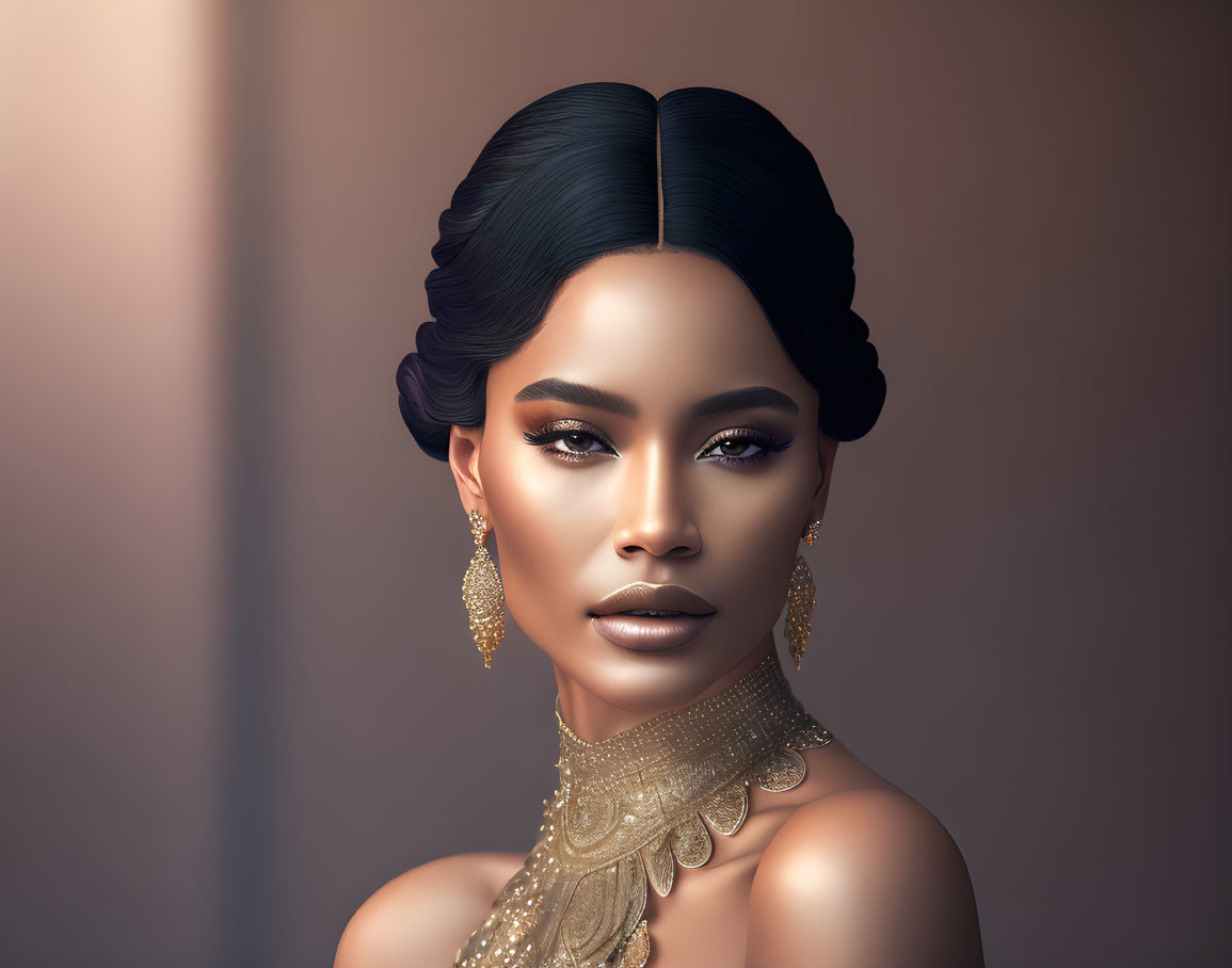 Digital portrait of woman with slicked-back hair, striking makeup, and elegant gold jewelry