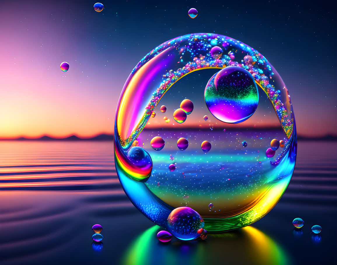 Colorful digital art: Soap bubble over water at sunset