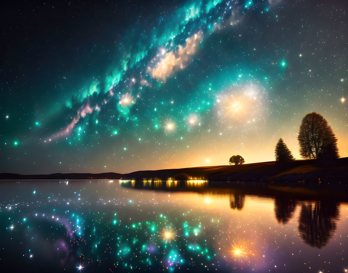 Nighttime lakeside scene: Milky Way over serene water.