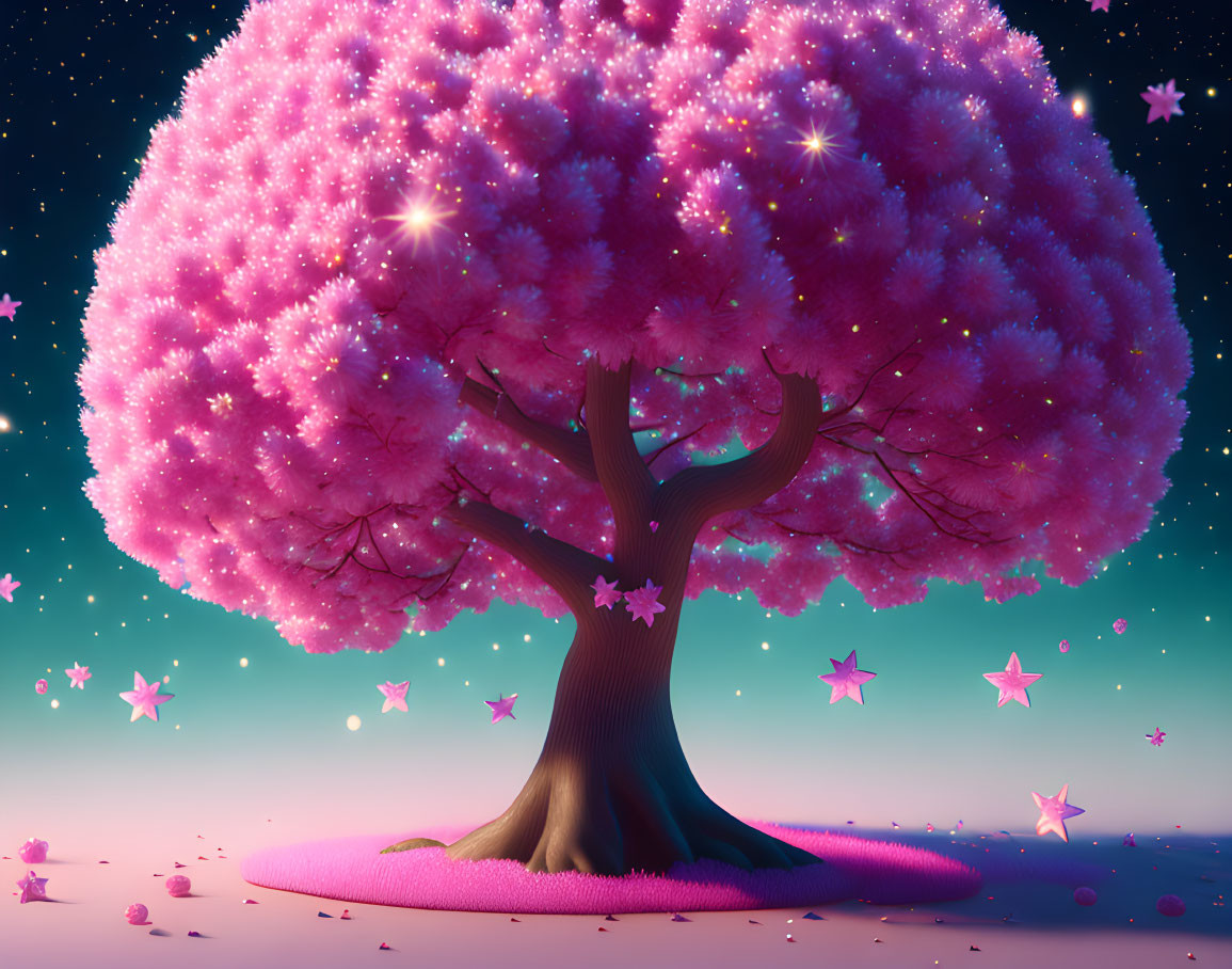 Pink Glowing Cherry Blossom Tree Illustration at Night