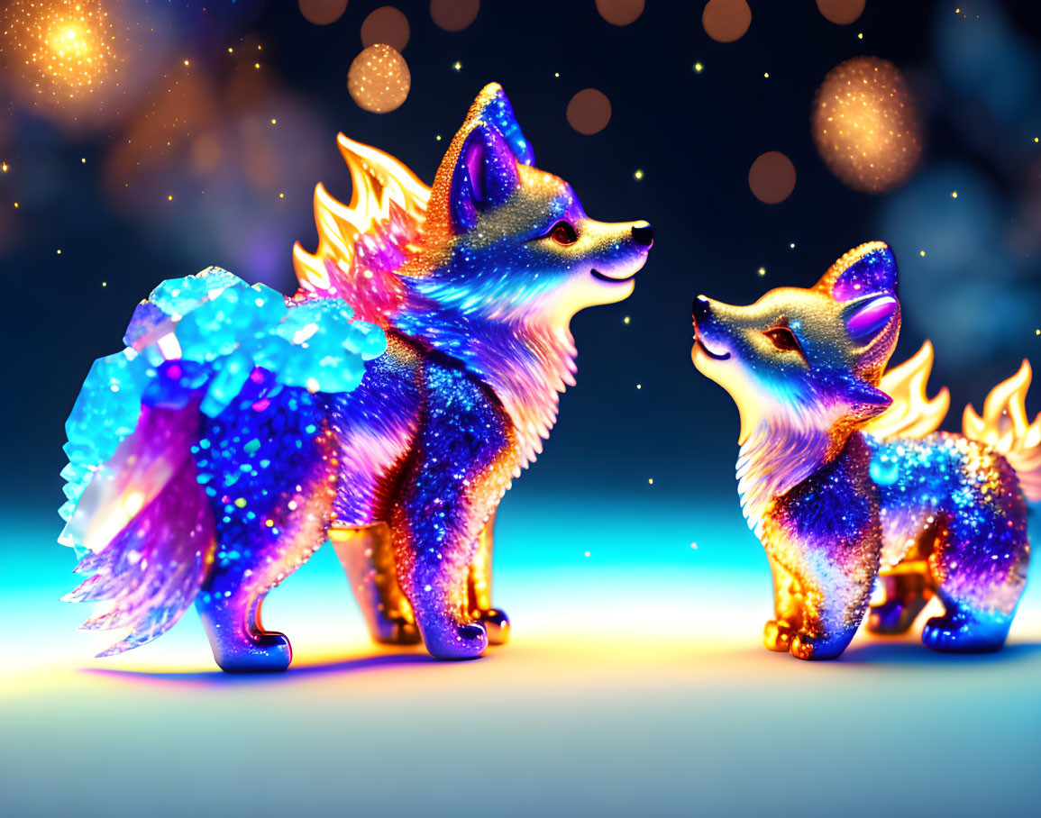 Fantasy wolves with crystalline formations under starry sky