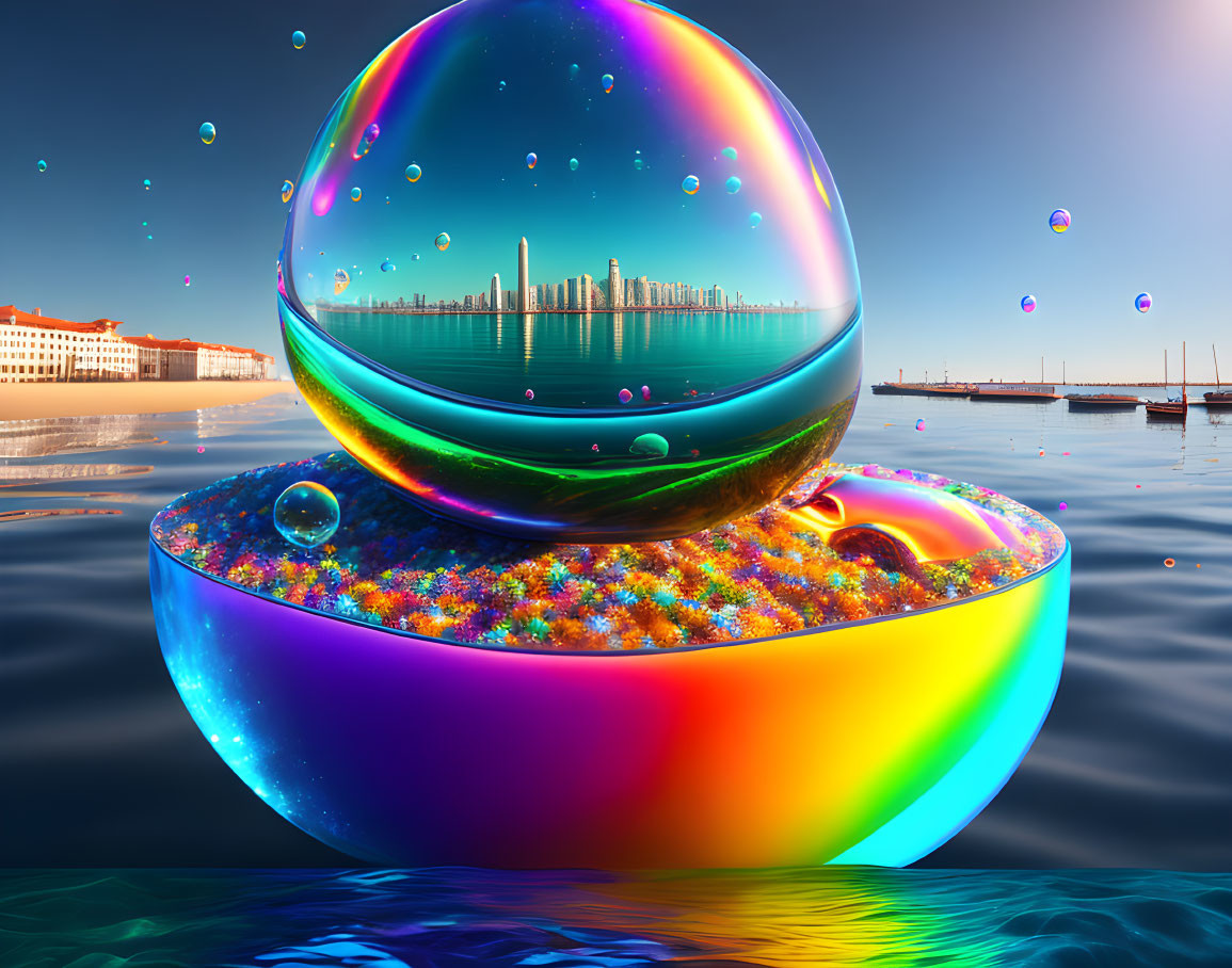 Vibrant glossy spheres over water with cityscape reflection