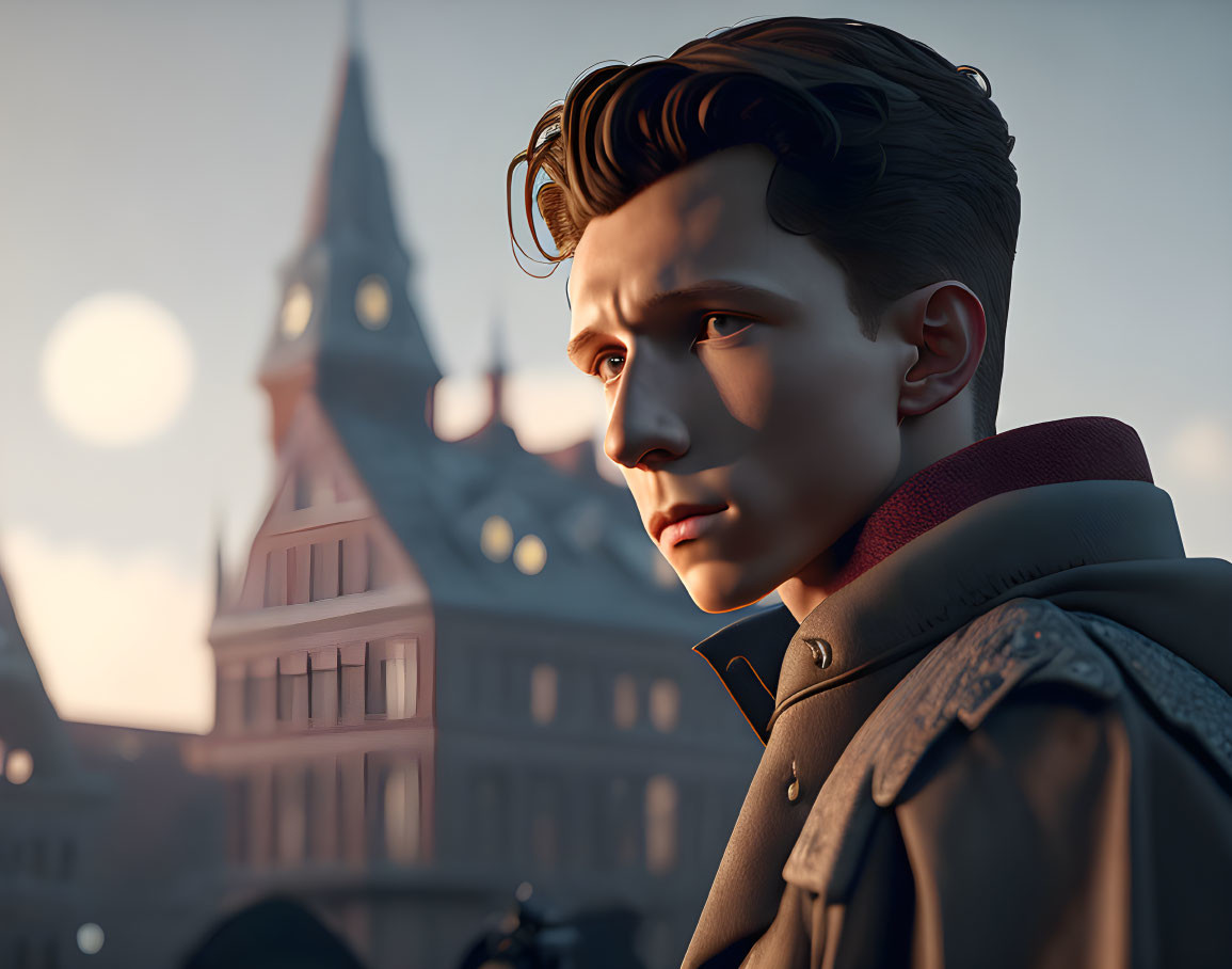 Young male character in digital artwork with serious expression against sunset cityscape.