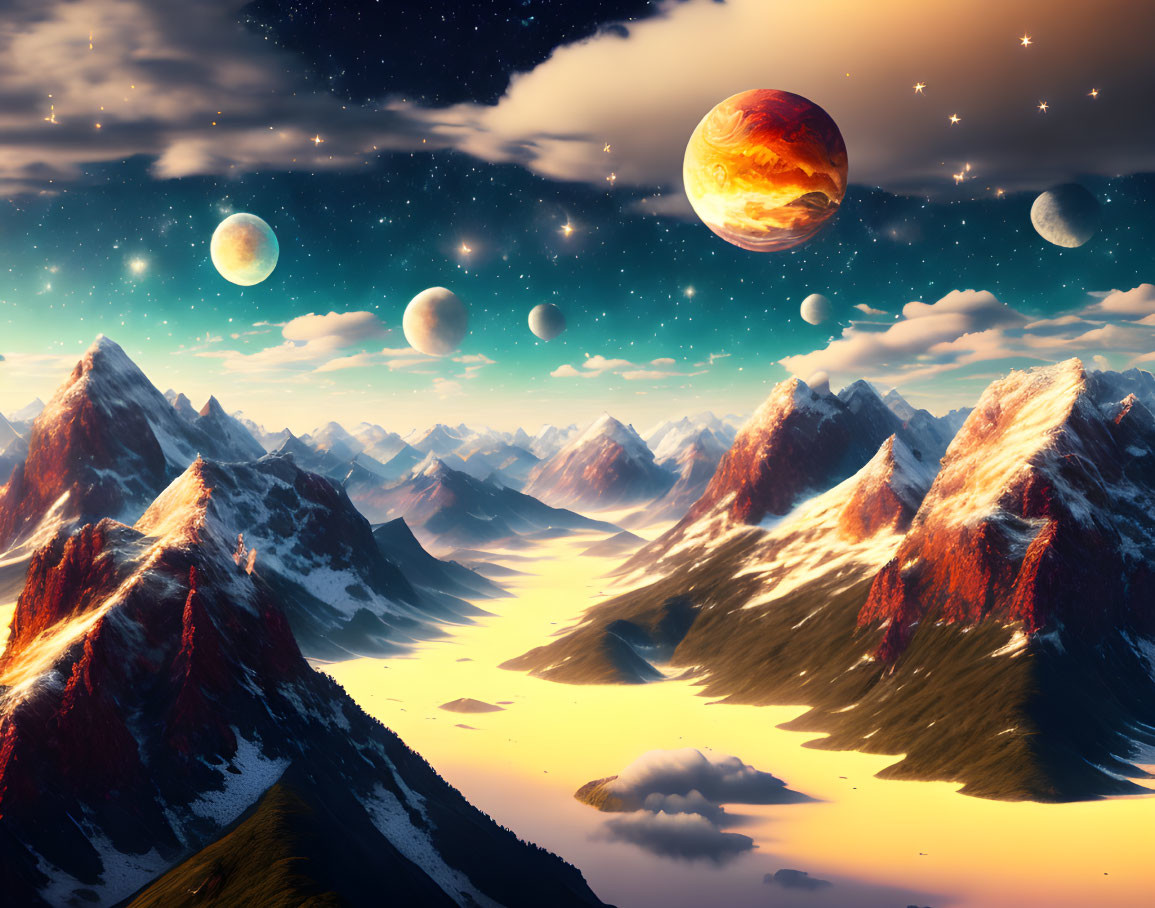 Snow-capped mountain peaks in celestial landscape