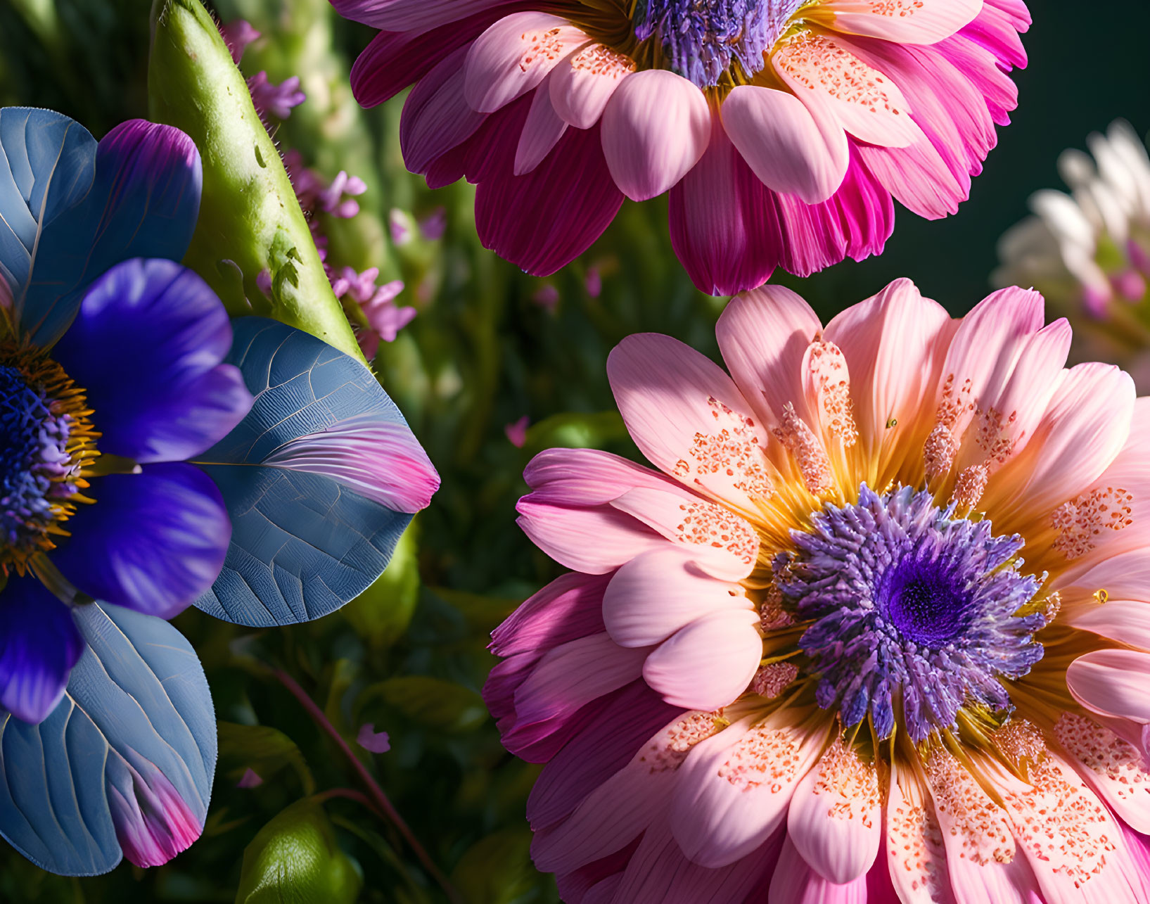 Detailed close-up of pink and blue flowers with lush green leaves.