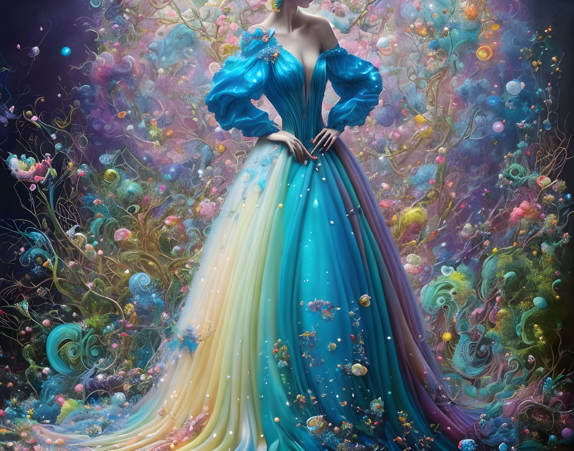 Colorful artwork of a woman in flowing gown surrounded by whimsical flowers and orbs