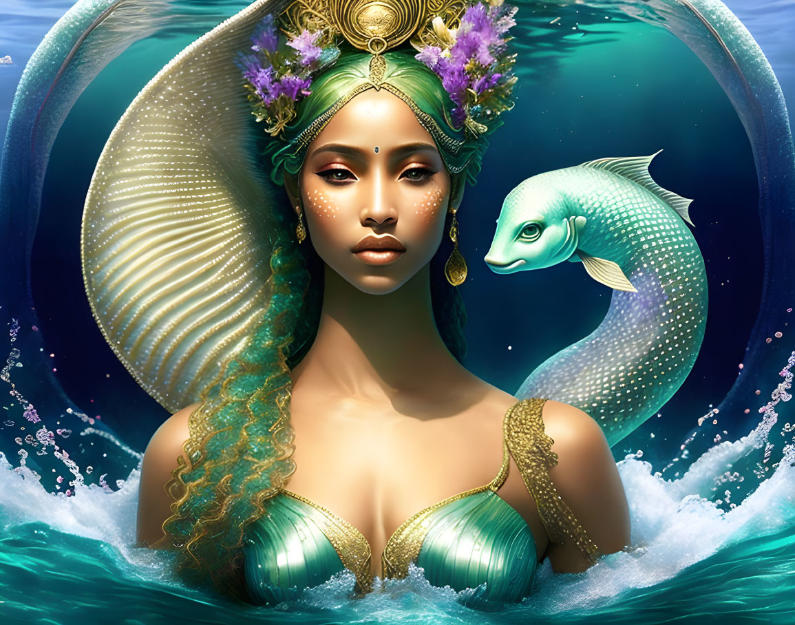 Illustration of oceanic goddess with golden crown and fish companion